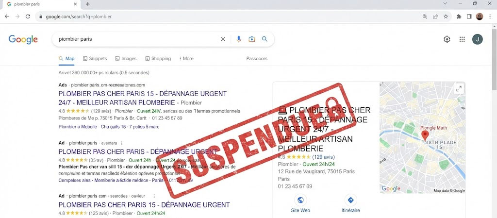 Exemple de fiche établissement suspendue - Google Busines Profile